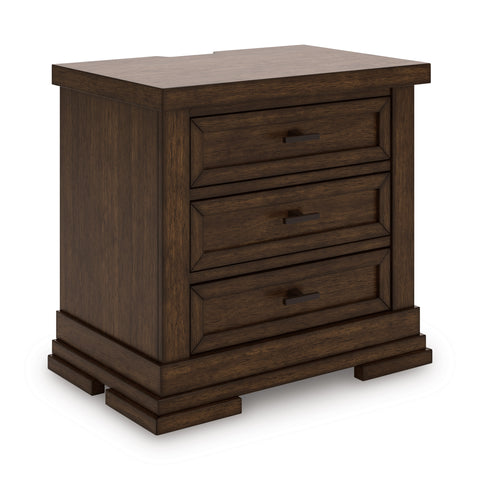 Rich Brown Three-Drawer Nightstand with USB-A and USB-C Charging