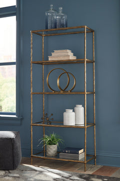 Antique Brass Finish Bookcase, styled room view; accessories excluded - 3
