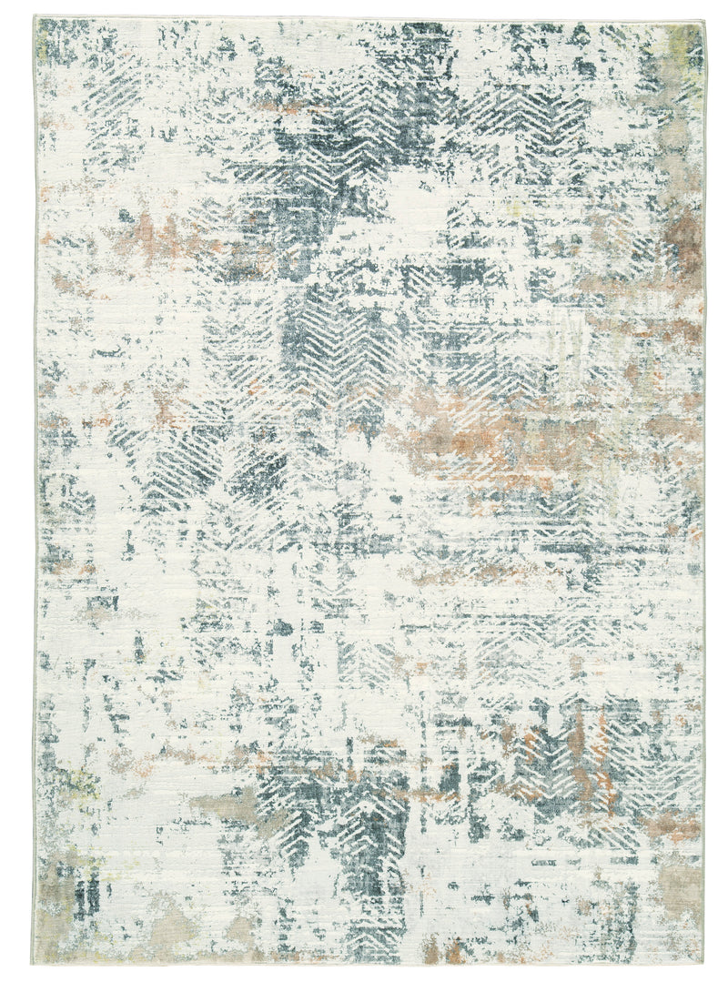 Ivory Teal and Tan Distressed Abstract Faux-Fur Rug