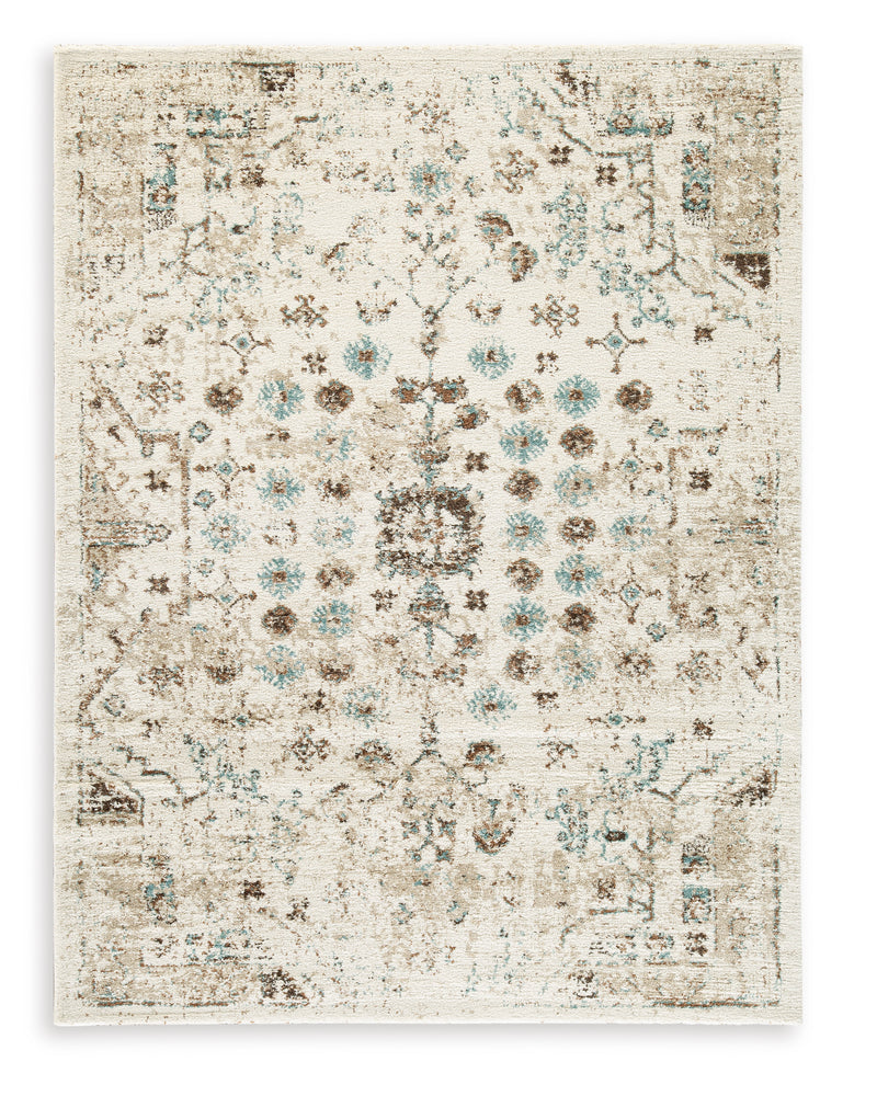 Ivory, Brown and Teal Distressed Traditional Rug
