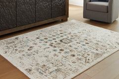 Ivory/Brown/Teal 94.38" x 119.13", room view; furniture excluded - 2