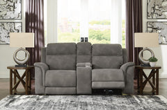 Slate, complete power reclining loveseat in room - 5