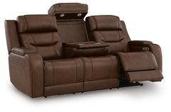 Brown, complete sofa with recliner and table open - 3