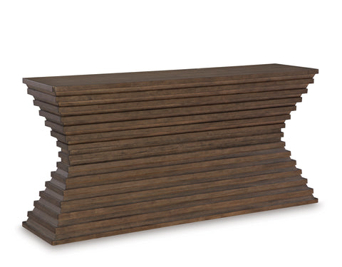 72-Inch Warm Brown Console Table with Sculpted Geometric Base