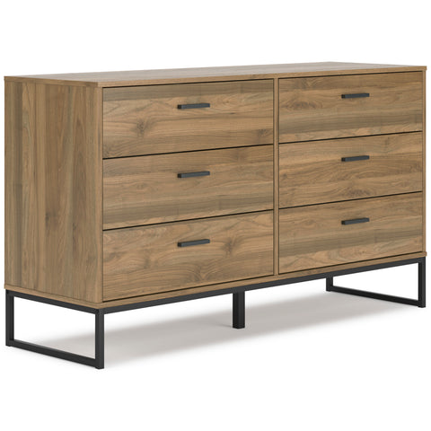 Honey Brown Walnut-Grain Six-Drawer Dresser with Metal Base