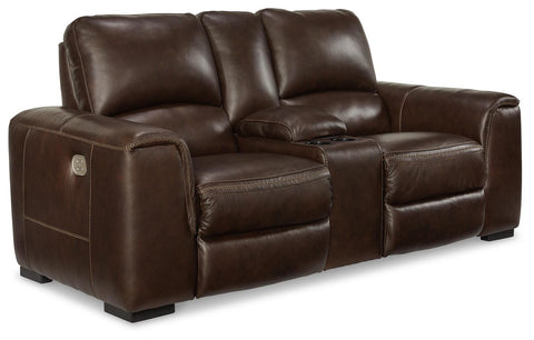 Leather-Match Power Reclining Loveseat with Hidden Storage in Walnut