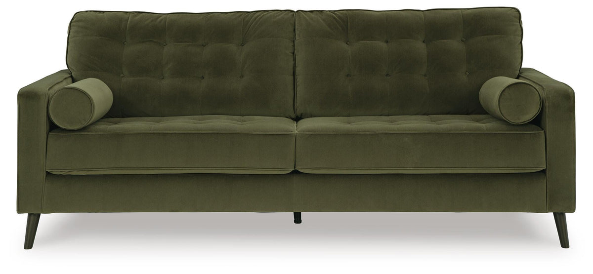 Olive, complete velvet sofa, front view