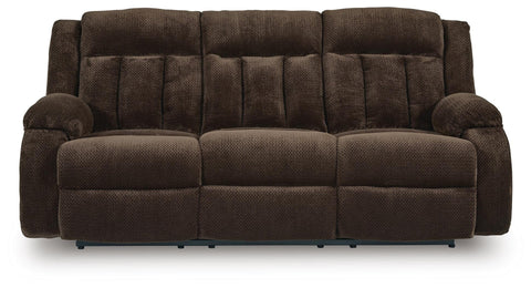 Waffle-Weave Power Reclining Sofa with Table in Chocolate or Steel