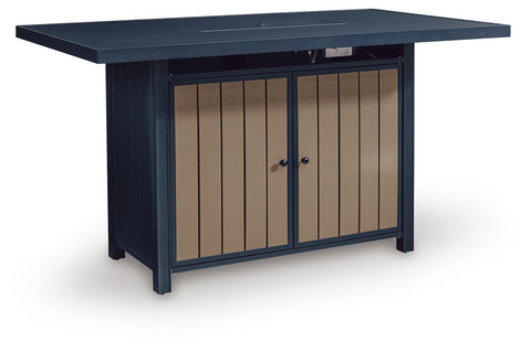 Navy Blue and Driftwood Outdoor Bar Table with 30,000 BTU Fire Pit