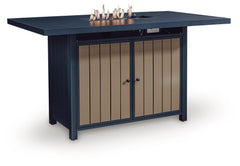 Navy Blue/Driftwood, full fire pit bar table with flame - 3
