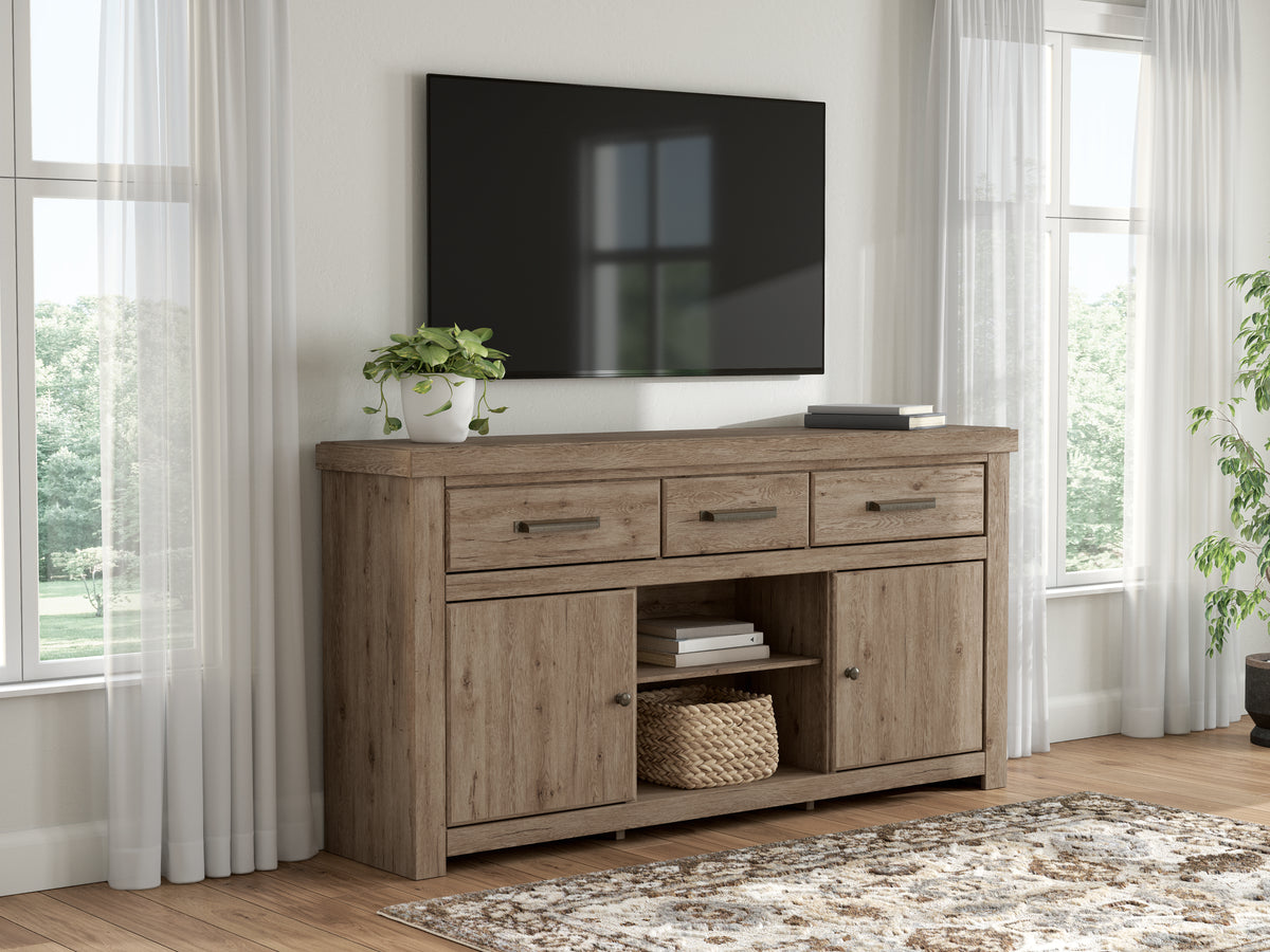 Brown, complete TV stand room view; television and accessories excluded