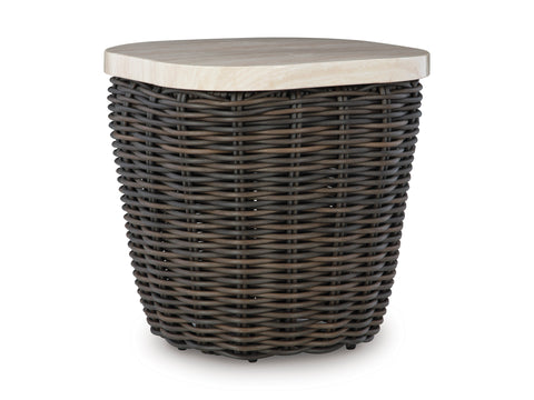 Dark Brown Wicker Outdoor Side Table with Marble-Look Aluminum Top