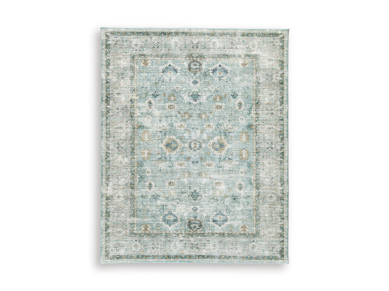 Teal Beige and Ochre Floral Rug with Memory Foam Pad