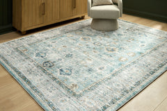Teal/Beige/Ochre 90.5" x 113.63", room view; furniture excluded - 2