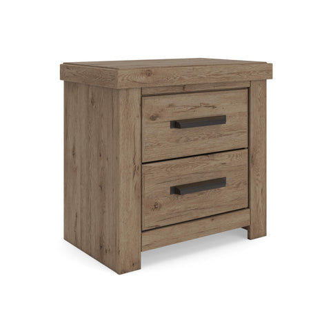 Light Brown Two-Drawer Nightstand with Hooded Pulls and USB