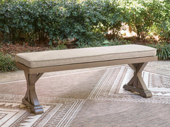 Beige, bench in outdoor setting; accessories excluded - 2