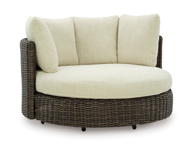 Dark Brown Wicker Oversized Outdoor Swivel Chair with Beige Cushions