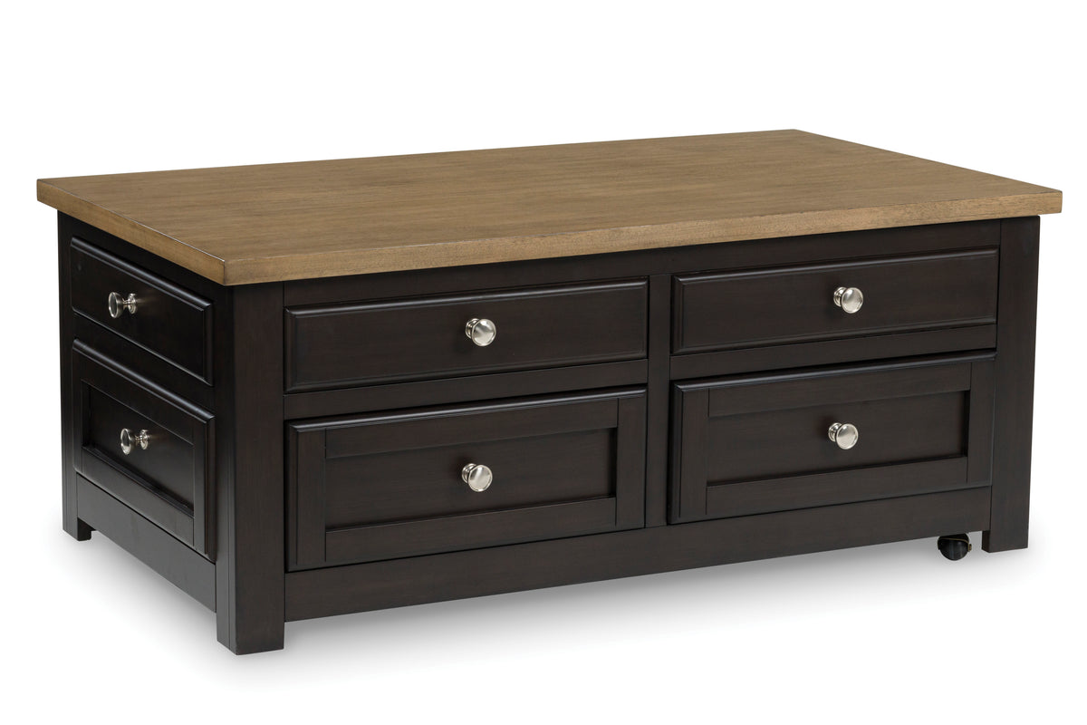 Brown four drawer lift top coffee table, full product view