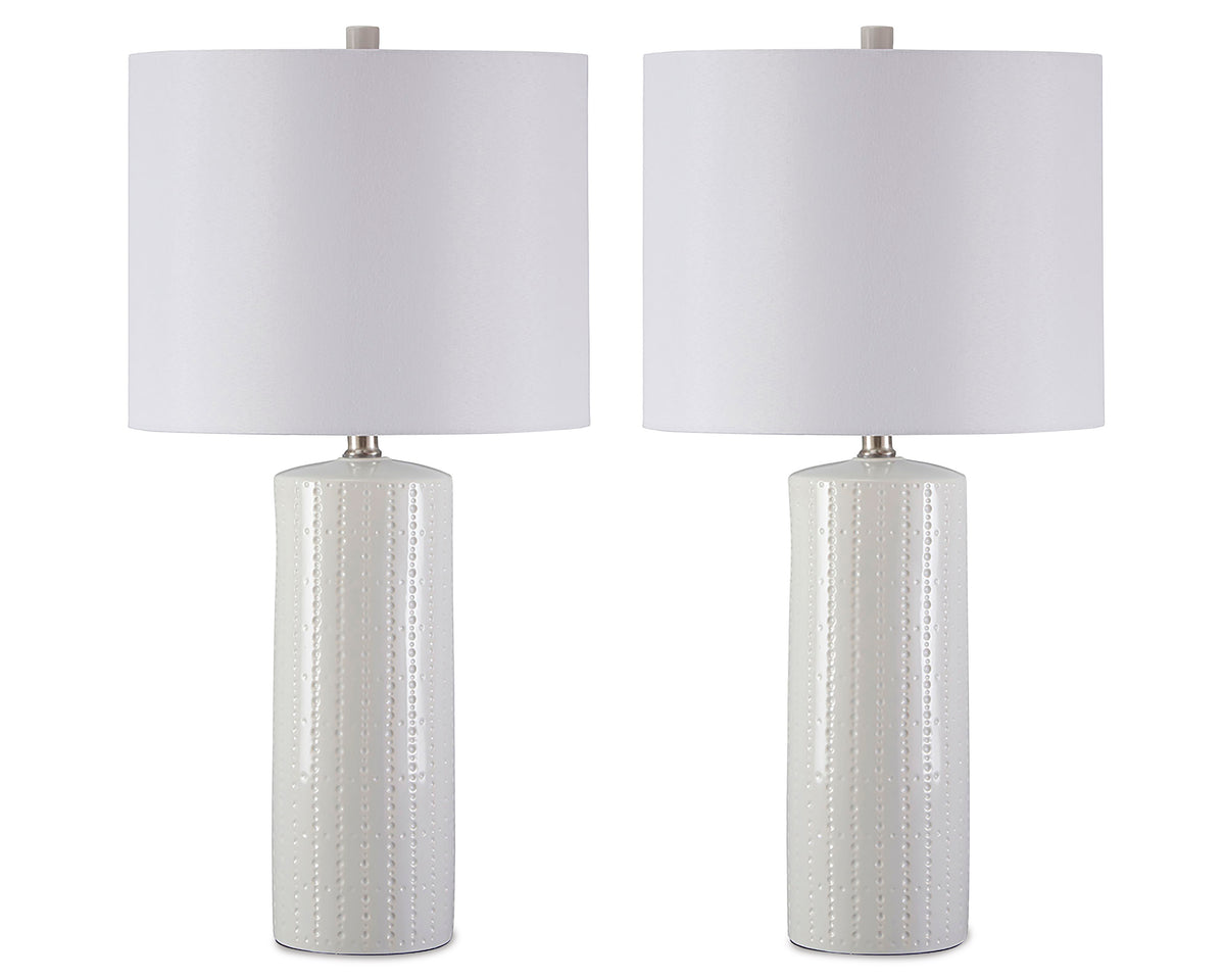 White table lamp pair, full product view
