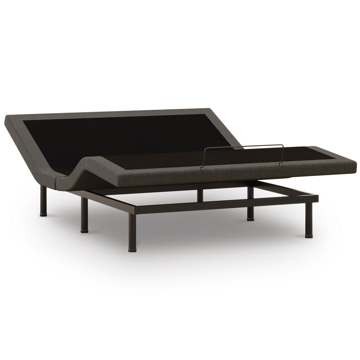 Black, complete adjustable bed base with head and foot raised; representative model view