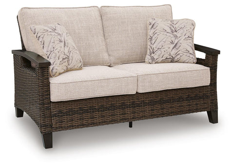 Dark Brown Wicker Outdoor Loveseat with Cushions and Two Pillows