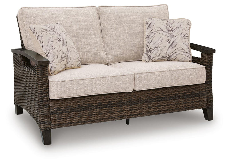 Dark Brown Wicker Outdoor Loveseat with Cushions and Two Pillows