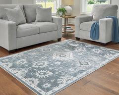 Blue/Gray/Ivory 94" x 120.38", room view; furniture excluded - 2