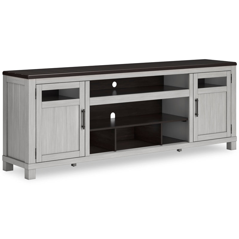Light Gray TV Stand with Brown Top and Media Storage