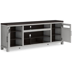 Gray/Brown TV stand with brown top and gray cabinets, product view 2 - 2