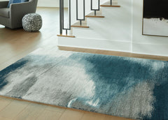 Blue/Gray/Ivory 62.88" x 83.38", room view; furniture excluded - 6
