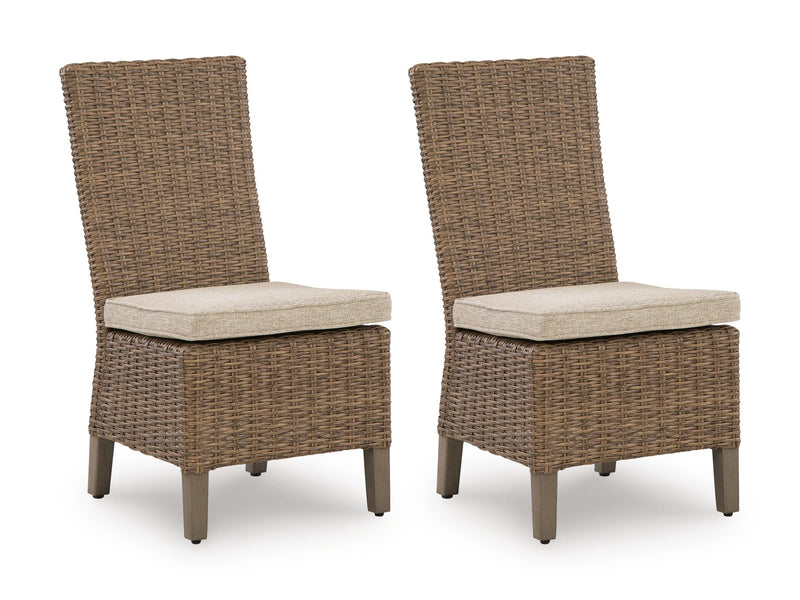 Woven Outdoor High-Back Side Chairs with Beige Cushions, Set of 2