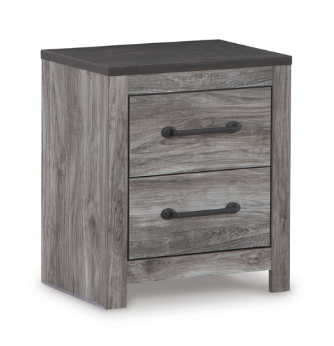 Smoky Gray Oak-Grain Two-Drawer Nightstand with Charcoal Accents