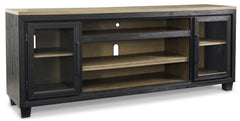 Black/Brown TV stand with glass front cabinets, full product view - 1