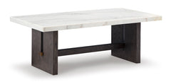 White/Dark Brown marble top coffee table with plinth base, full product view - 1