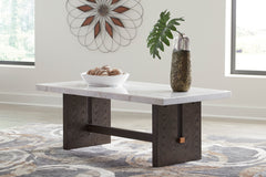 White/Dark Brown marble top coffee table with plinth base, product view 5 - 5