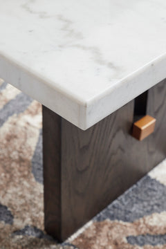 White/Dark Brown marble top coffee table with plinth base, product view 6 - 6