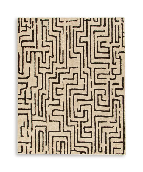 Black and Beige Linear Geometric Machine Washable Rug