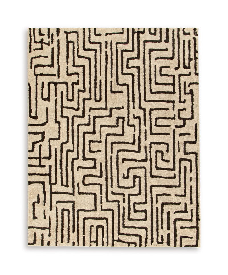 Black and Beige Linear Geometric Machine Washable Rug