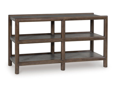 Brown and Gray Console Table with Open Display Shelves