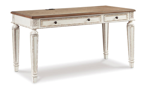 Antiqued White and Brown Two-Drawer Desk with USB Charging