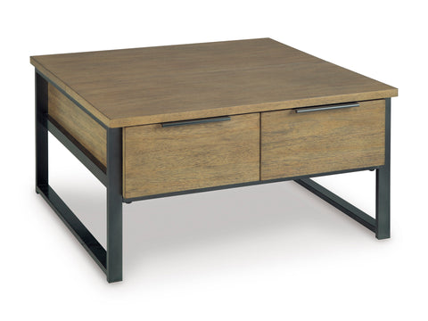 Light Brown Two-Drawer Lift-Top Coffee Table with Metal Frame