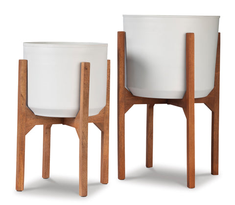 Dorcey White Metal Planters with Wood Stands Set of 2