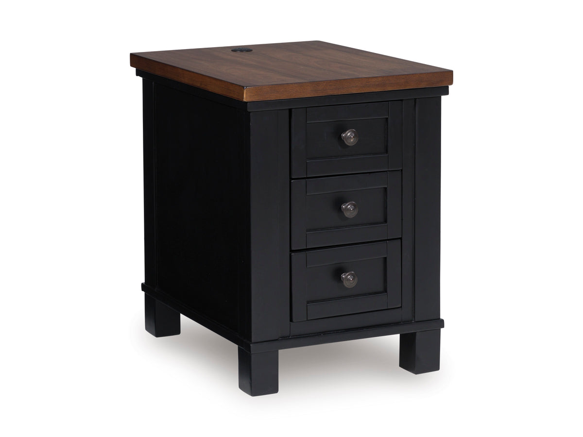 Brown/Black three drawer chairside table with USB charging, full product view