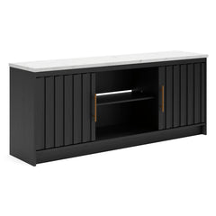 Black/White TV stand with faux marble top and ambient lighting, full product view - 1