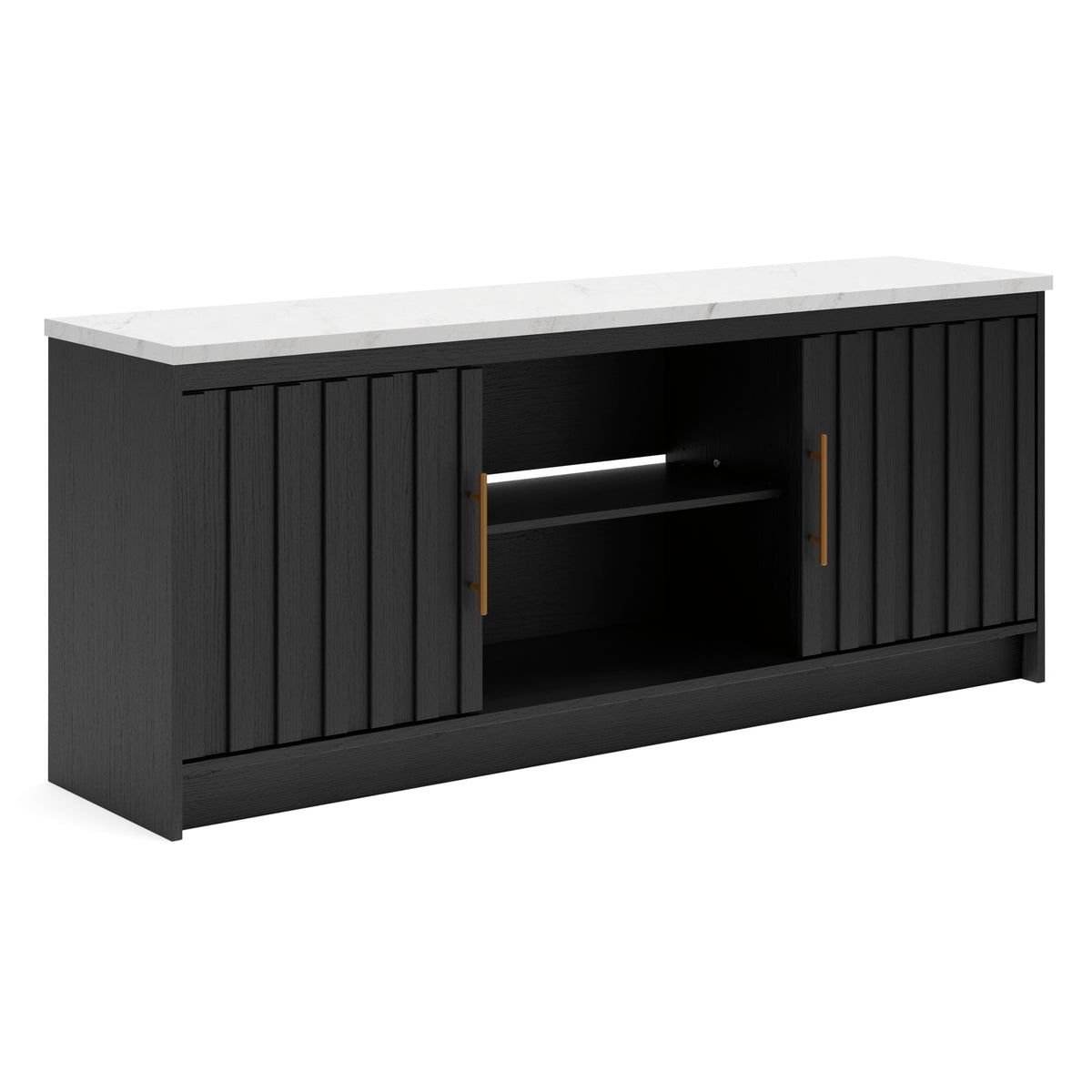 Black/White TV stand with faux marble top and ambient lighting, full product view
