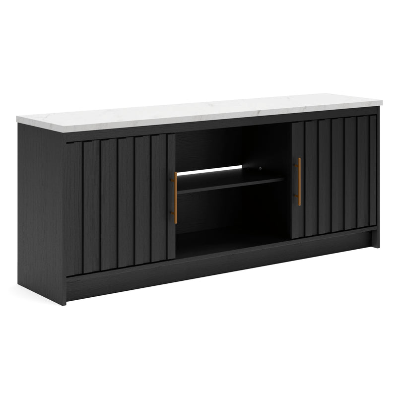 Black TV Stand with White Marble-Look Top and Ambient Light