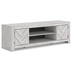 Whitewash TV stand with side cabinets and center shelf, full product view - 13