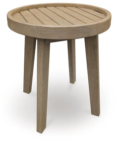Beige, full round side table angled view - 1