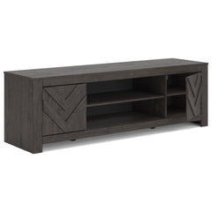 Black TV stand with side cabinets and center shelf, product view 2 - 2