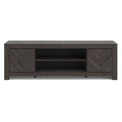Black TV stand with side cabinets and center shelf, product view 3 - 3